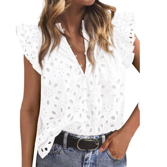 Pretty Garden Tops - NWT Pretty Garden Women's Ruffle Cap Sleeve V-Neck Eyelet Top Blouse Size M